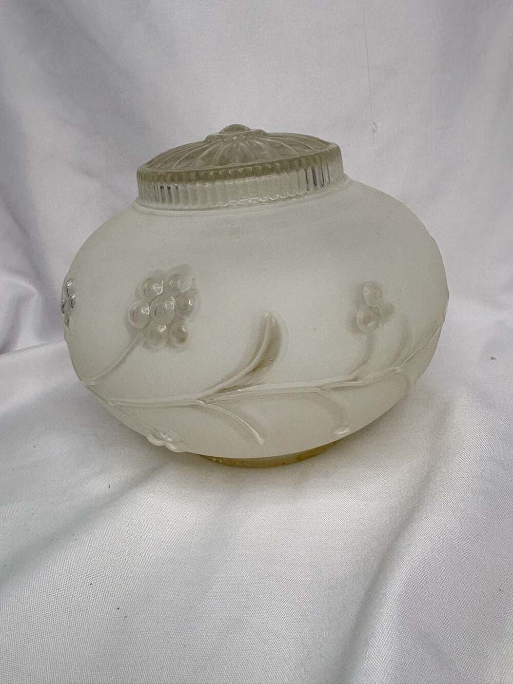 Art Deco Vintage Frosted Satin Glass Light Globe w Raised Floral Vine Pattern